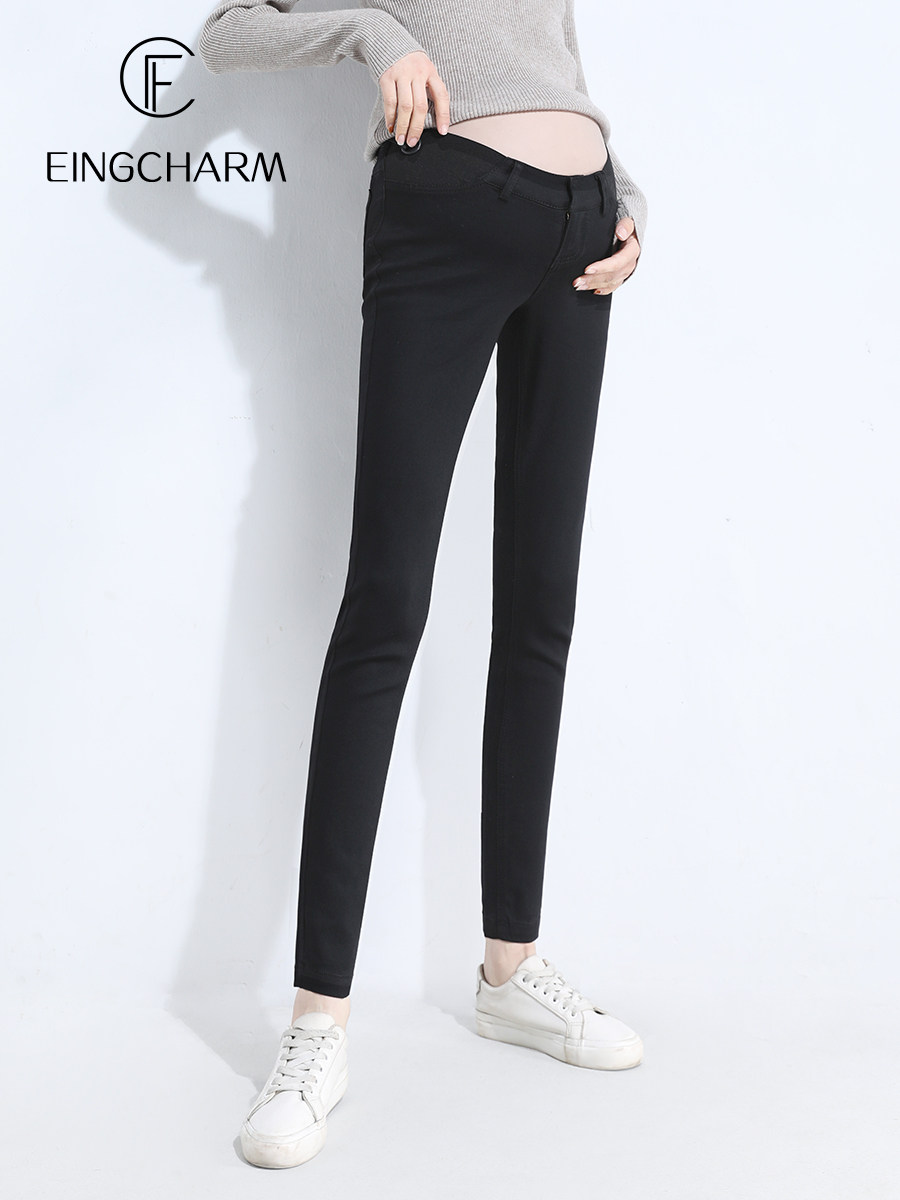孕妇黑色秋冬外穿休闲加绒牛仔裤 茵魅孕妇铅笔裤