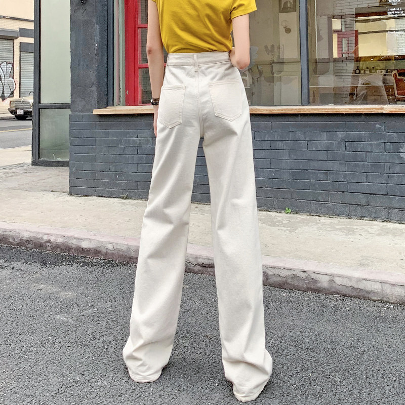 米白色2020秋季新款高腰显瘦牛仔裤 悠宿牛仔裤