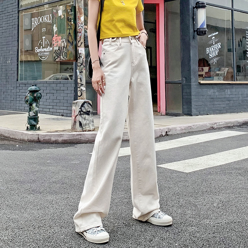 米白色2020秋季新款高腰显瘦牛仔裤 悠宿牛仔裤