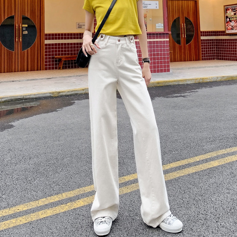 米白色2020秋季新款高腰显瘦牛仔裤 悠宿牛仔裤
