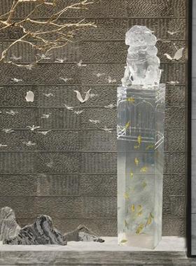 新中式落地透明树脂招财狮子摆件门口玄关书房别墅拴马柱动物雕塑