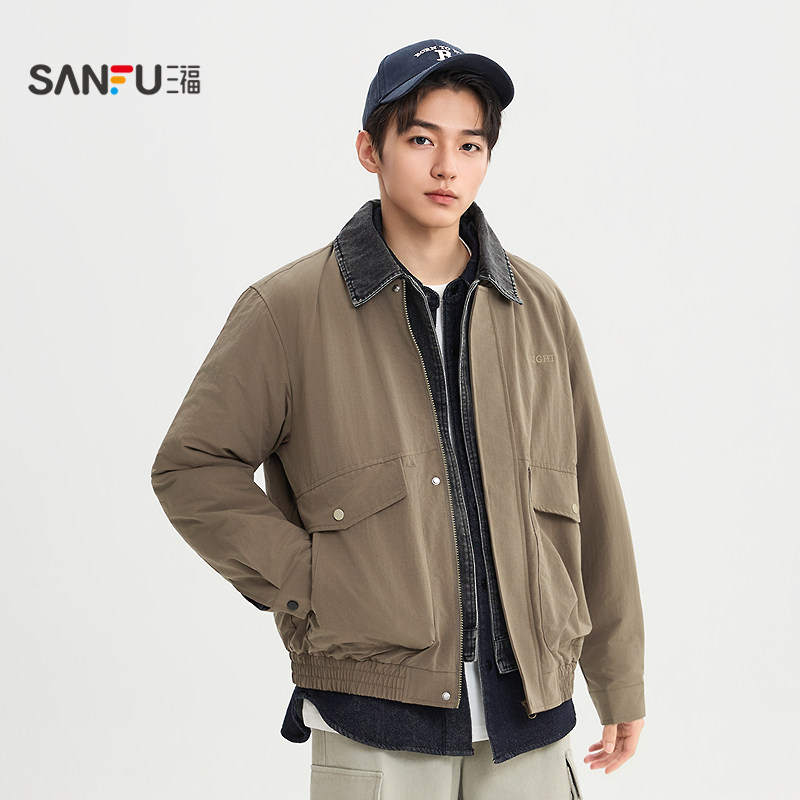 三福2026春季男士牛仔领裥棉短棉衣 工装大口袋宽松外套516506,淘宝优惠券,粉丝福利购,淘宝优惠卷