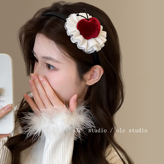 可爱苹果小蛋糕蕾丝发夹发箍女氛围感圣诞头饰生日拍照旅行发卡