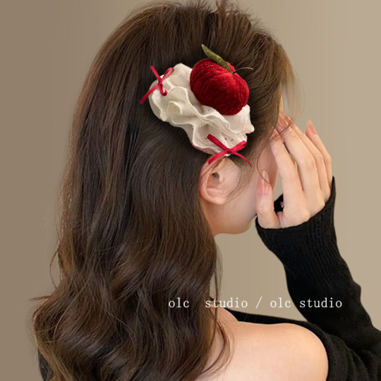 可爱苹果小蛋糕蕾丝发夹发箍女氛围感圣诞头饰生日拍照旅行发卡