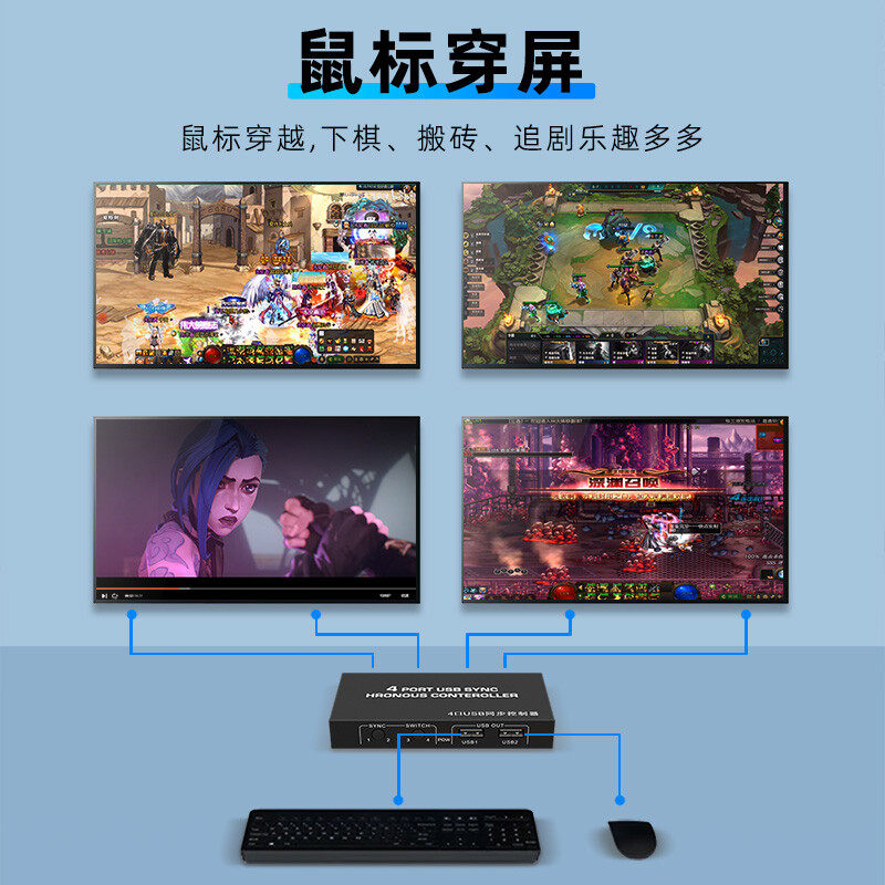 毕亚兹USB同步器4口kvm物理多开控制键鼠键盘鼠标usb四口共享分屏穿屏切换器多台手机电脑适用搬砖dnf游戏