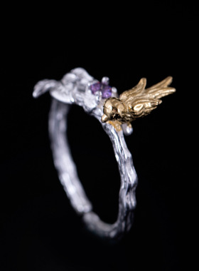 S925银树枝小鸟紫钻戒指