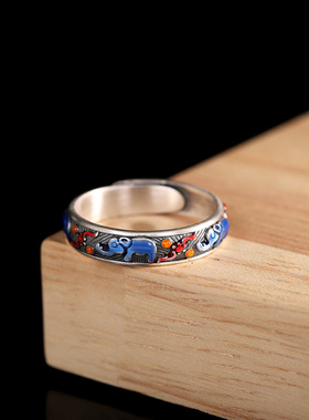 复古简约烧蓝小象开口戒指