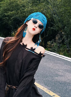 手工钩织蓝色堆堆帽女春秋薄款小众民族风旅游针织包头帽子显脸小