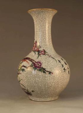 景德镇彷古陶瓷器粉彩花鸟赏瓶裂纹花瓶三月牡丹瓶家居装饰摆件