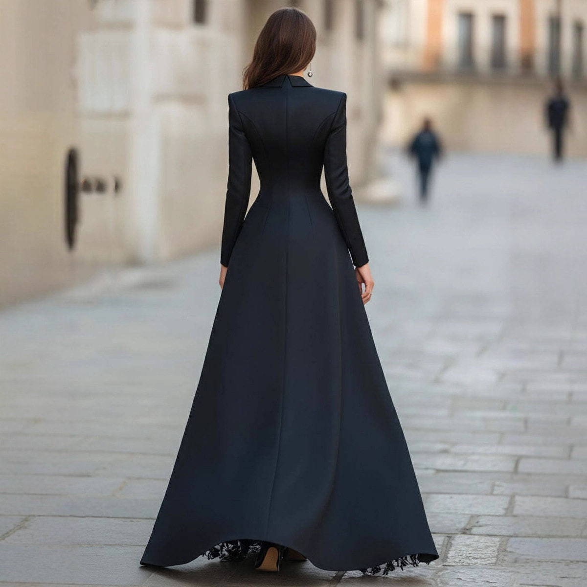 欧美亚马逊2025年秋季新款外贸女装长袖西装领气质蕾丝拼接连衣裙 - 图2