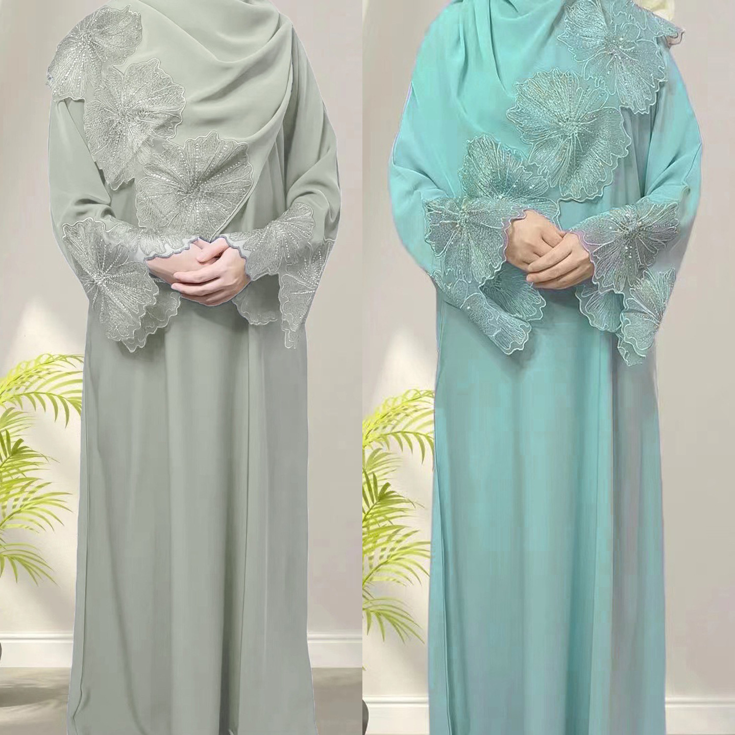新款四色中东女装女士长袍马来印尼连衣裙配头巾时尚沙特阿拉伯风-图0