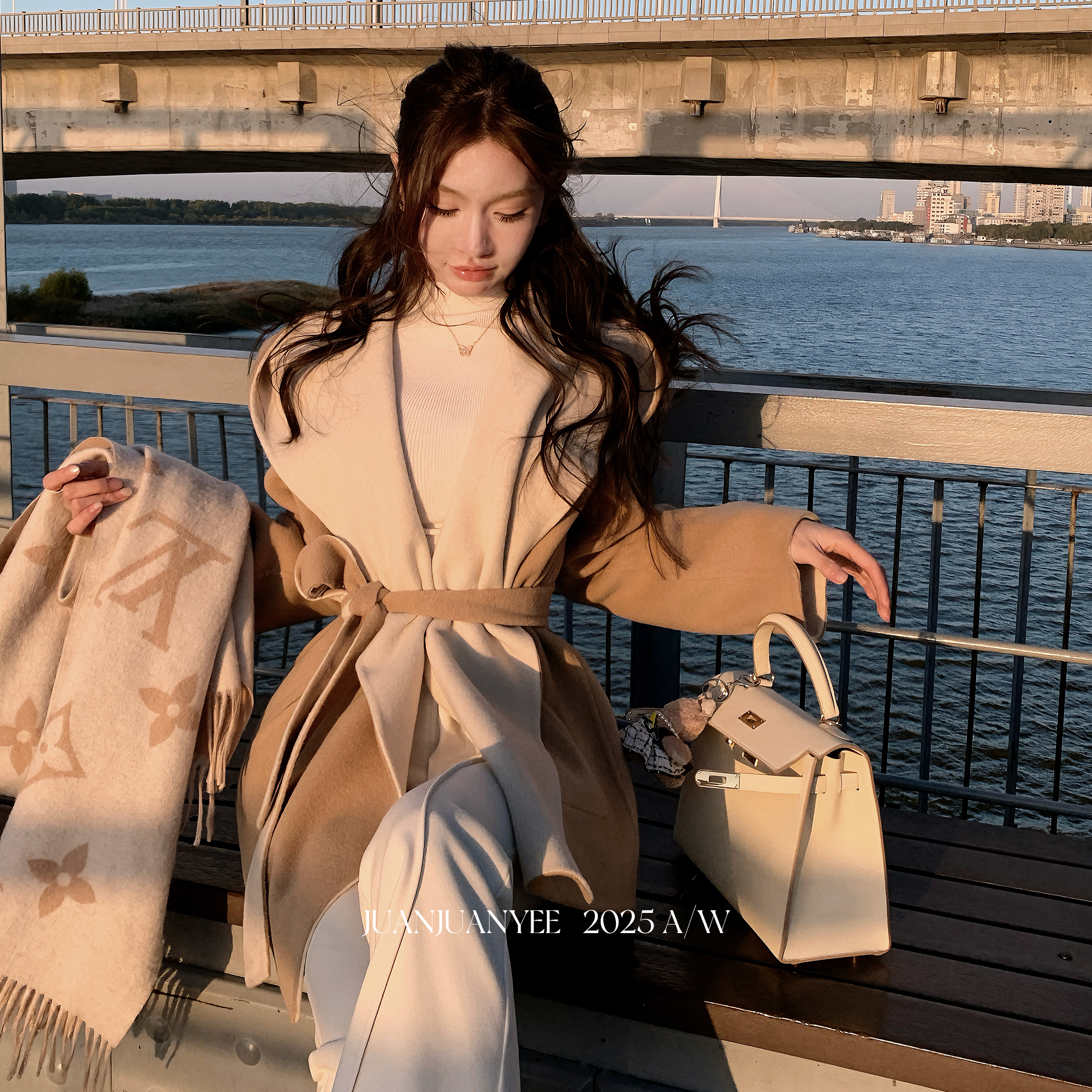 juanjuanyee【顶流千金】独家80支羊毛连帽2面穿山羊绒双面尼大衣 - 图2