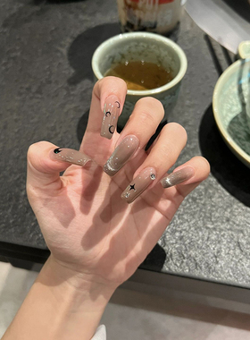 黑茶茶|风靡ins美甲系列茶灰色猫眼石手工穿戴甲星月甜辣美甲