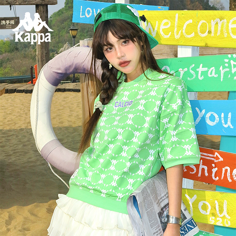 Kappa卡帕复古老花短袖夏女满印收口运动T恤休闲中袖圆领背心,淘宝优惠券,粉丝福利购,淘宝优惠卷