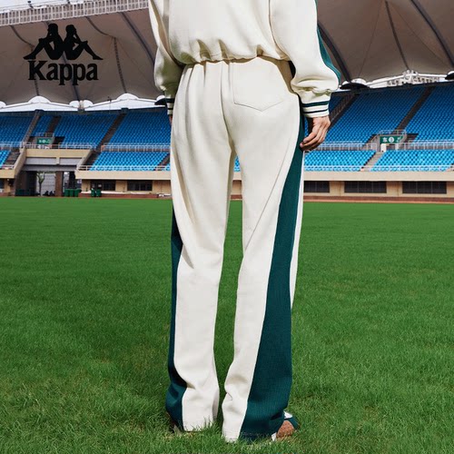 Kappa卡帕背靠背春秋新款针织长裤女运动休闲裤复古撞色直筒裤子 - 图2