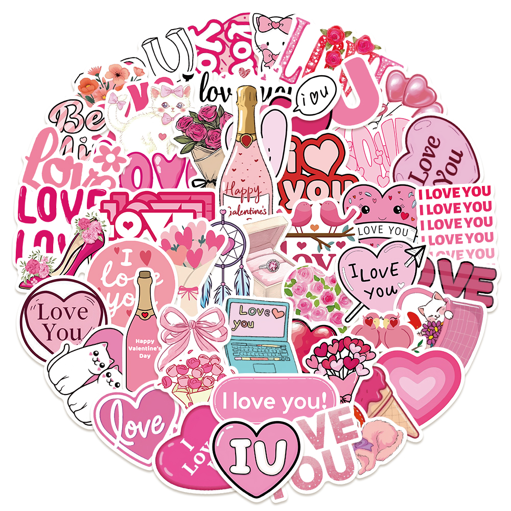 50张卡通可爱粉色情人节涂鸦贴纸趣味英文手机壳音响装饰防水贴画