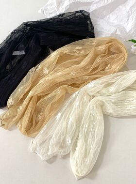 蕾丝丝巾刺绣碎花长款围巾女韩版优雅唯美透明纱巾头巾披肩女外搭