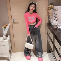 Girl Jeans Suit 2023 New 9 CUHK Tong Han Edition Ocean Spring Autumn Clothing Long Sleeves T-shirt Loose Broadlegged Pants