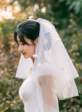 领证简约小头纱求婚道具森系素纱头饰短款双层旅拍韩式蓬蓬发饰纱