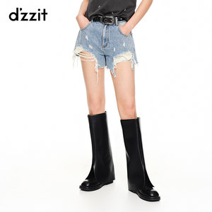 dzzit地素奥莱夏季高街潮流辣妹风毛边破洞高腰牛仔短裤女