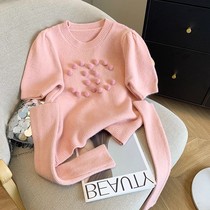 Style sweet and windy pink sweater 2023 autumn and winter new casual fashion small crowdsourced 100 Lapped Bubble Sleeves Knit Blouse