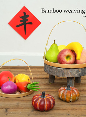竹编篮子手提竹筐竹筛手工制品点心托盘双层簸箕摄影道具橱窗摆件