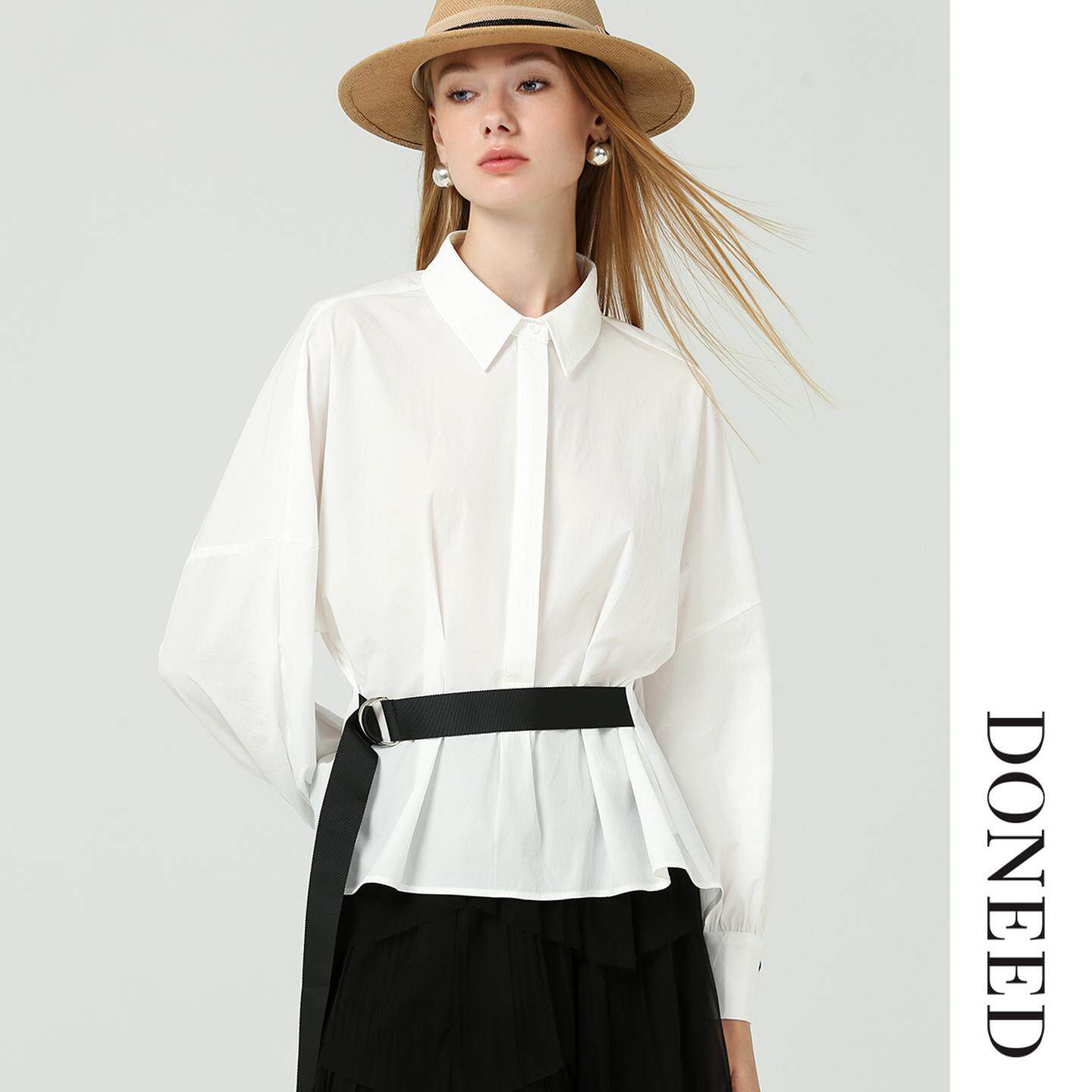 DONEED初春优雅简约压褶带腰带收腰休闲通勤纯色衬衣女