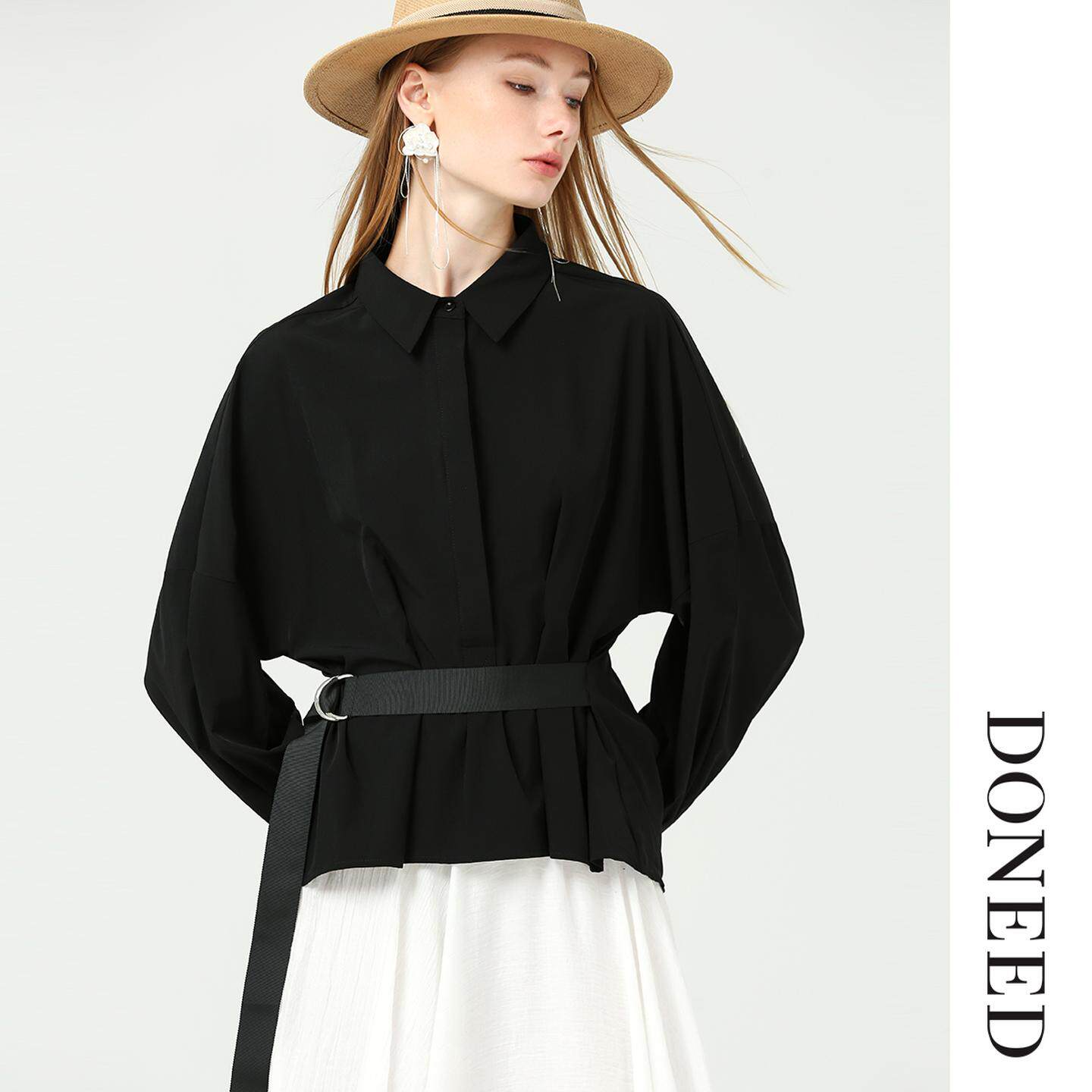 DONEED初春优雅简约压褶带腰带收腰休闲通勤纯色衬衣女