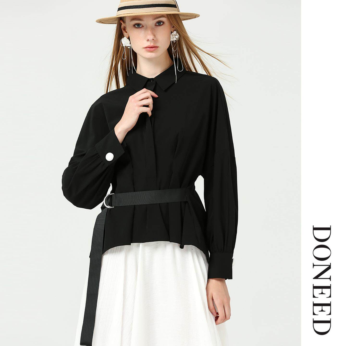 DONEED初春优雅简约压褶带腰带收腰休闲通勤纯色衬衣女