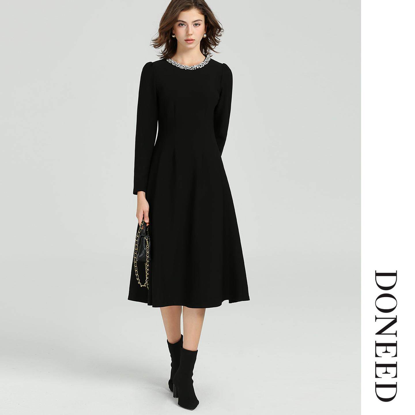 DONEED2025冬季新款水钻钉珠圆领收腰长袖气质优雅时尚连衣裙女