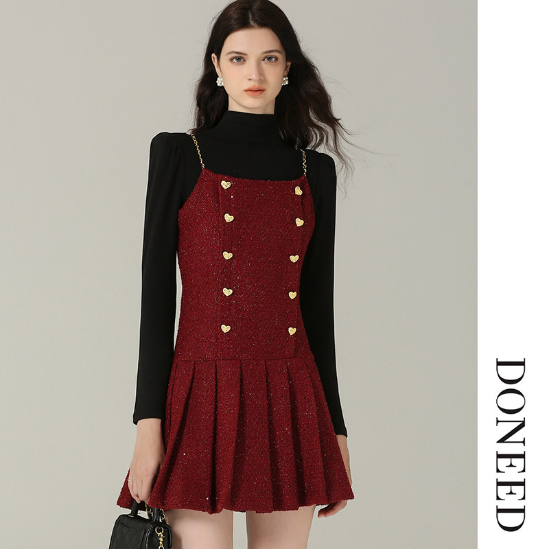 DONEED2025春新款气质减龄轻奢小香风半高领吊带连衣裙两件套装女,淘宝优惠券,粉丝福利购,淘宝优惠卷