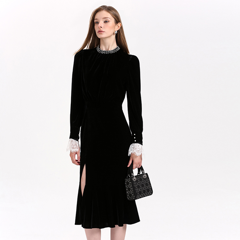 DONEED2025春优雅气质通勤千金感钉珠拼接蕾丝设计感丝绒连衣裙女