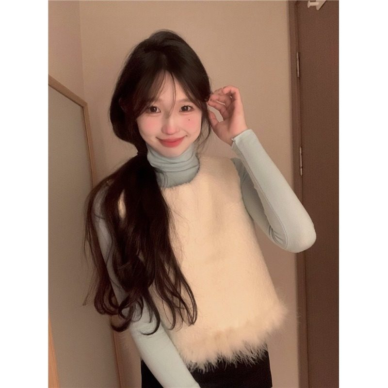 2025新款温柔风套装红色高领针织衫女春季叠穿毛毛马甲背心两件套,淘宝优惠券,粉丝福利购,淘宝优惠卷