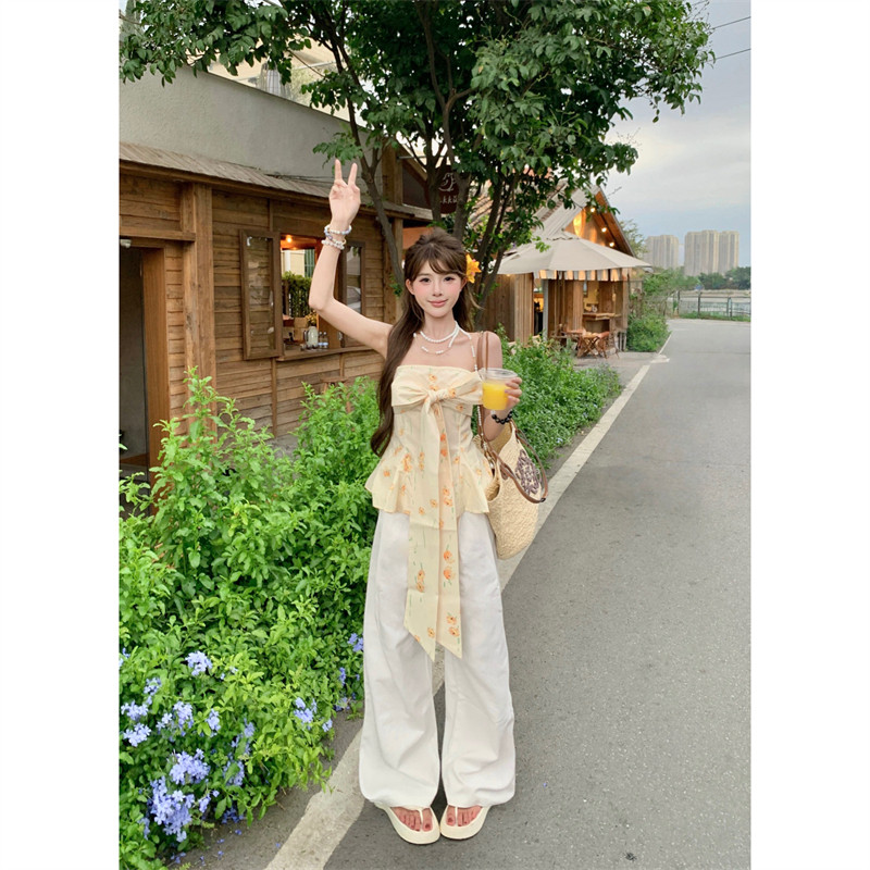 法式黄色碎花抹胸背心女夏季绝美蝴蝶结裹胸甜辣海边度假外穿上衣,淘宝优惠券,粉丝福利购,淘宝优惠卷