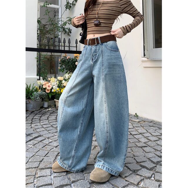ອາເມລິກາ retro ສູງແອວກວ້າງຂາ mopping jeans ສໍາລັບແມ່ຍິງ