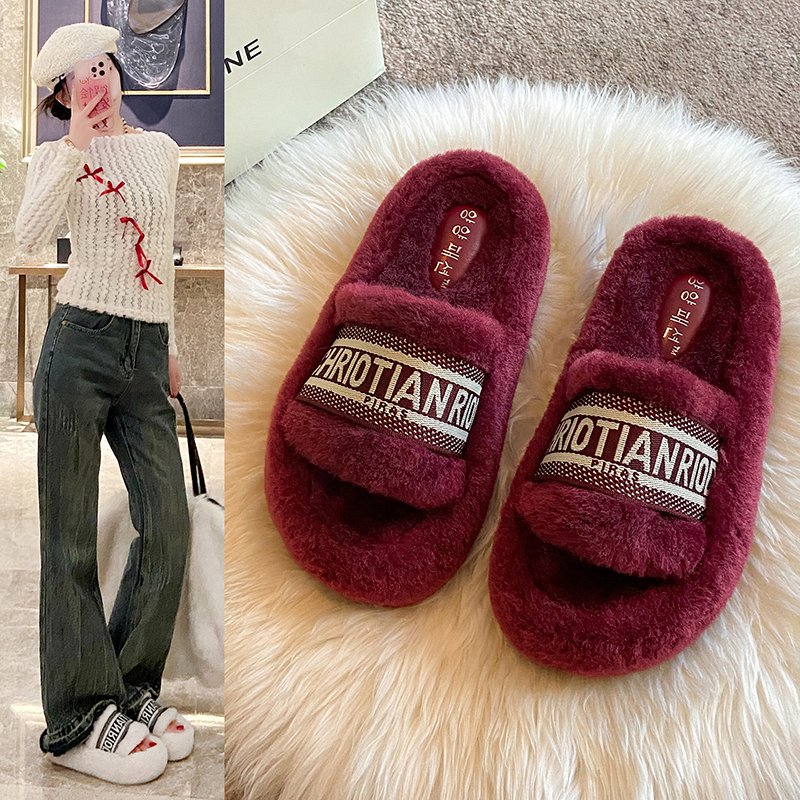 网红厚底毛毛拖鞋女外穿时尚2025年新款秋冬季保暖棉拖爆款一字拖 - 图3