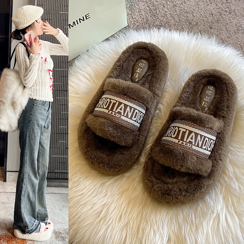 网红厚底毛毛拖鞋女外穿时尚2025年新款秋冬季保暖棉拖爆款一字拖 - 图2