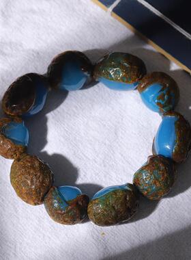 墨西哥蓝珀手串带皮琥珀原石蜜蜡手链手饰男女款附带