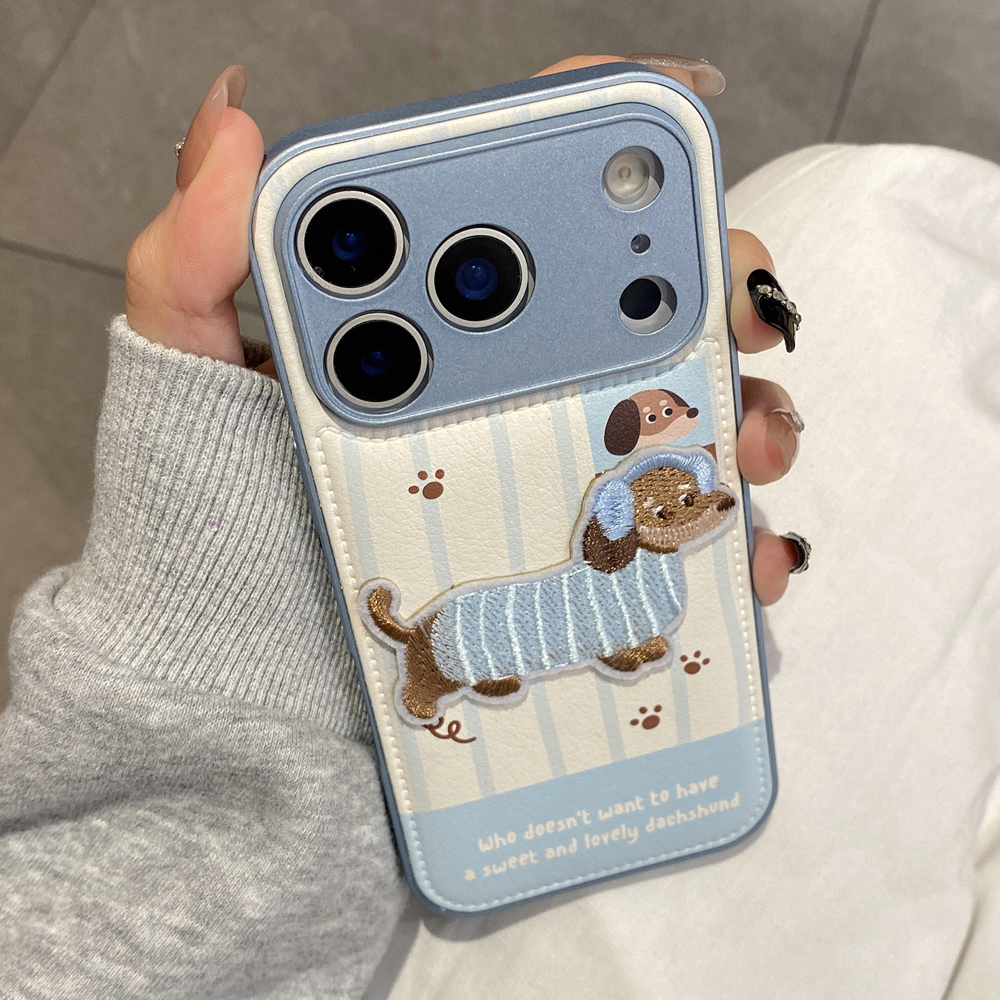 可爱秋冬皮质蓝条纹刺绣腊肠狗适用于苹果17promax手机壳iphone16保护套14防摔13新款全包15pro个性max手机套 - 图0
