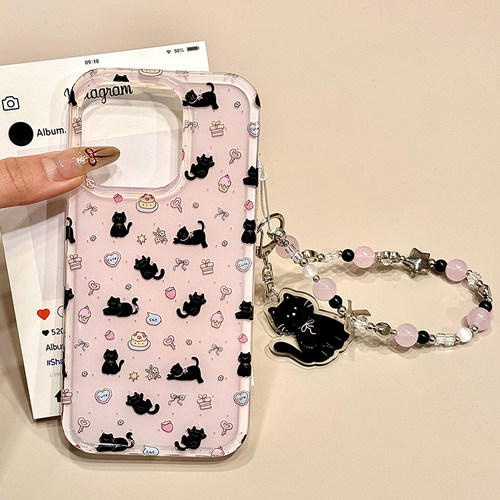 ins风粉底满屏蛋糕黑猫咪适用iphone16pro手机壳苹果15保护套14带支架链条13新款16promax双层防摔max女外壳 - 图2