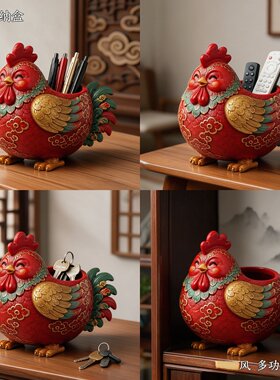 新中式办公室桌面招财公鸡文具笔筒收纳罐儿童学习桌面置物盒摆件