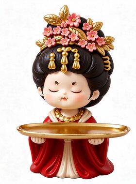 新中式簪花仕女客厅电视柜糖果钥匙玄关杂物收纳托盘乔迁装饰摆件
