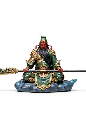 彩绘绿袍关羽车内饰品持青龙偃月刀坐像男士中控台保平安车载摆件