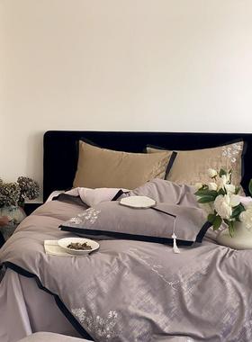 高端新中式50支全棉磨毛刺绣四件套秋冬季纯棉被套床单床上用品