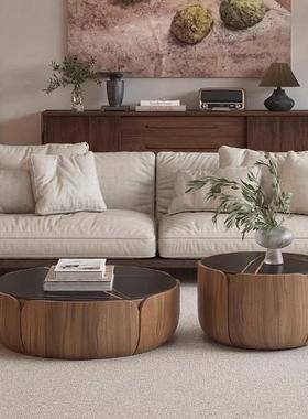 中古风花瓣圆形茶几组合意式极简客厅小户型创意岩板胡桃木茶几