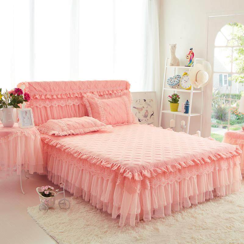 RI0T韩式床裙三件套加棉床罩床头罩加厚夹棉公主风蕾丝花边粉色床 - 图1