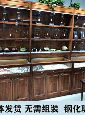 复古实木珠宝展示柜古玩玉器透明陈列柜首饰蜜蜡饰品玻璃中岛柜