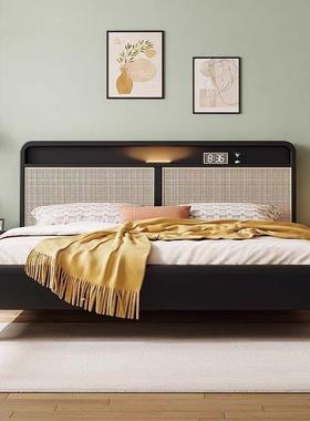 北欧实木藤编床日式原木风.双人床现代简约复古储物床主卧民宿