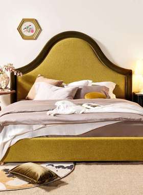 法式复古布艺床1.8米圆弧中古风双人实木床高靠背小户型主卧软包