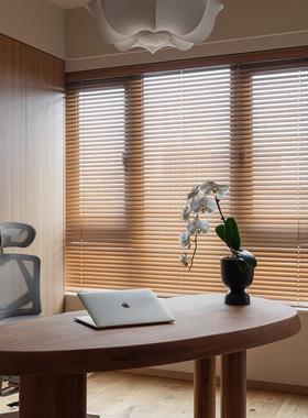 木纹铝百叶遮光免打孔客厅办公室中式古风仿木合金遮阳台窗帘卷帘